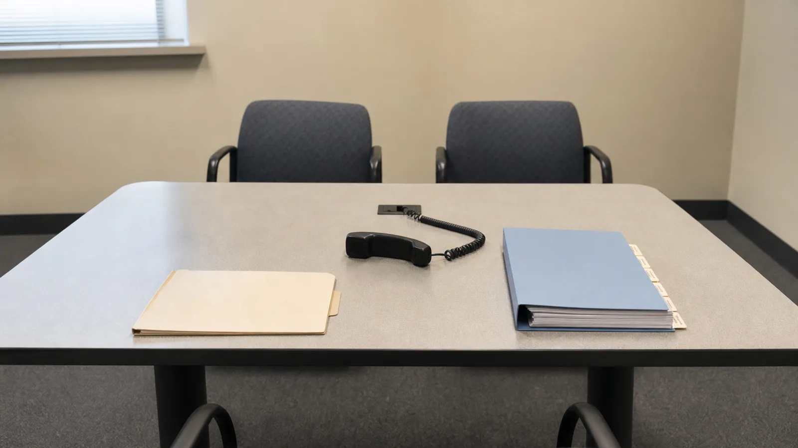 An empty USCIS-style interview room with a table, two facing chairs, a case file and an interpreter telephone.