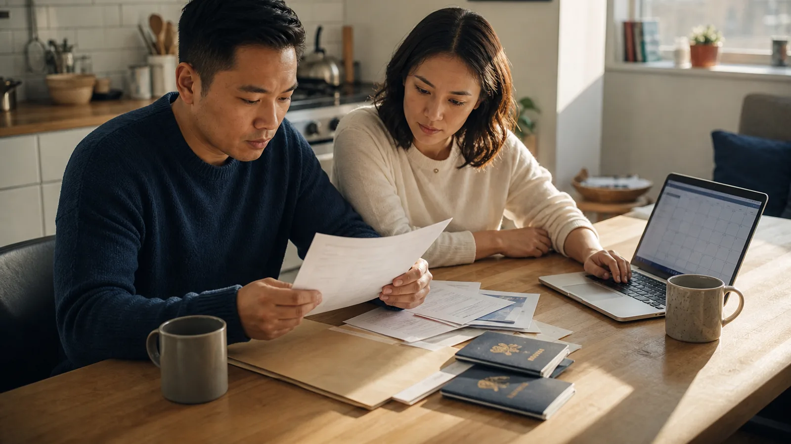 A couple at a kitchen table sorting immigration paperwork and checking a calendar on a laptop.