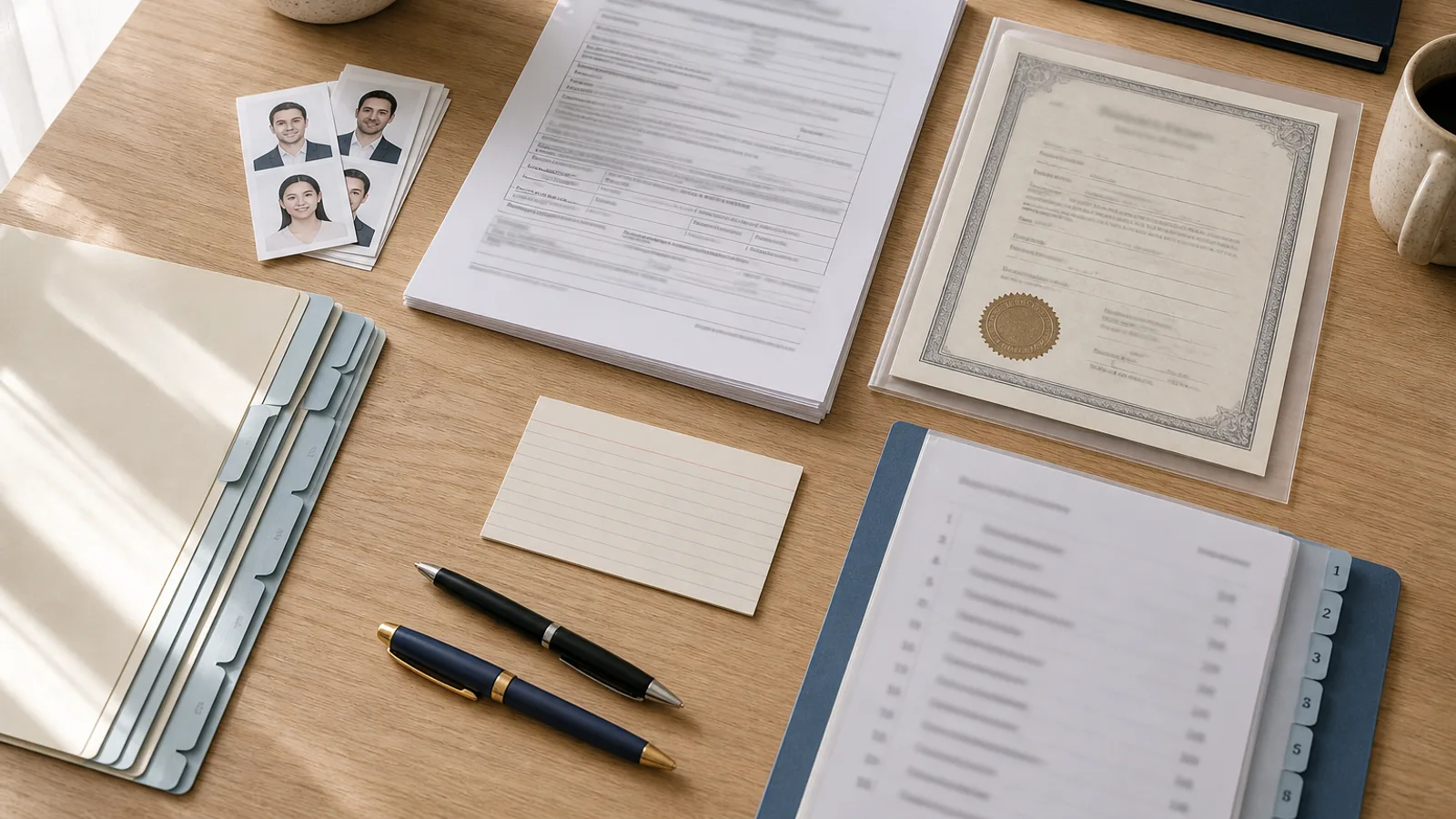 An overhead view of an organized I-130 filing package with forms, certificates, photos and labeled exhibit tabs on a wooden desk.