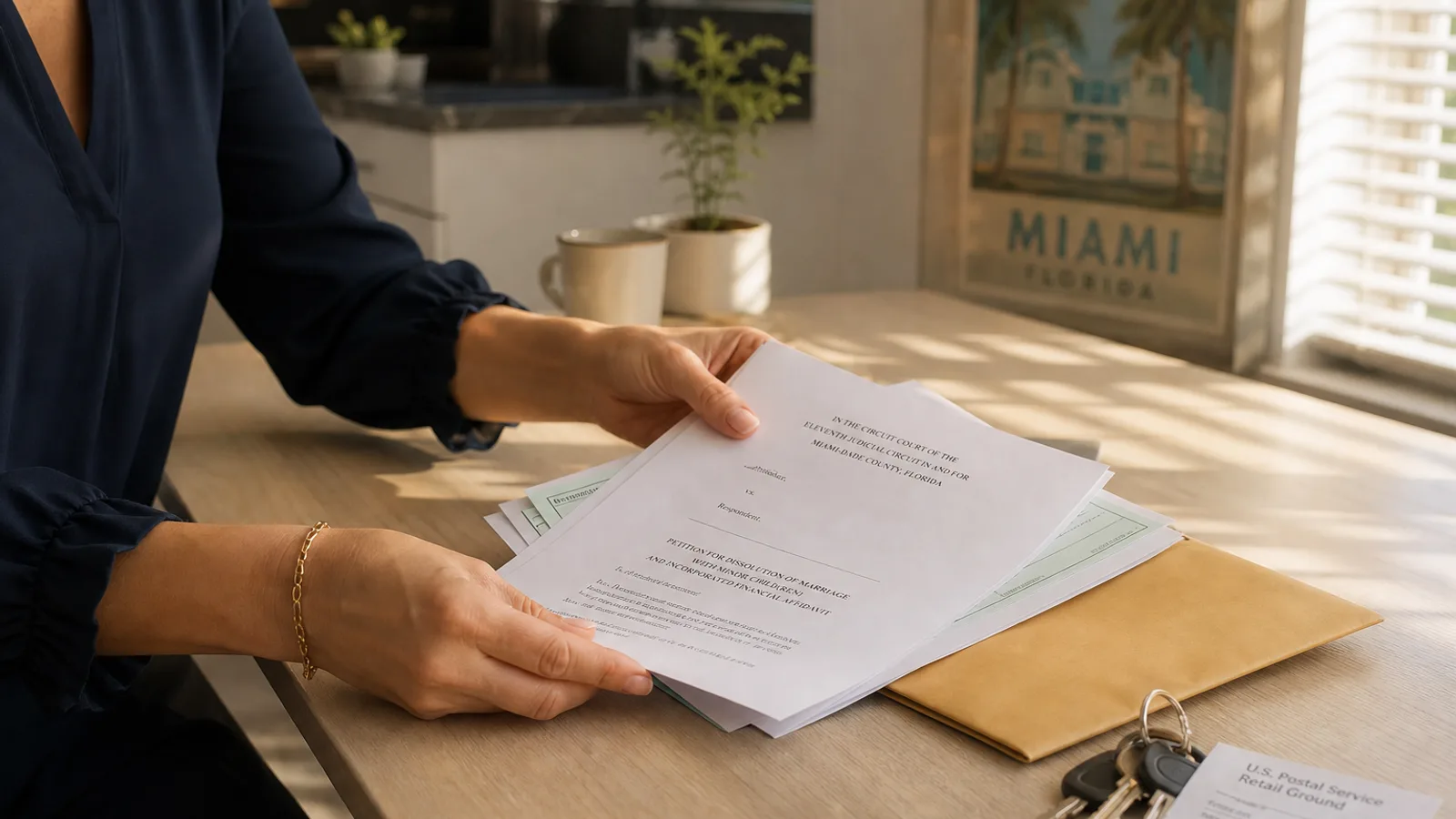 Las manos de una mujer organizando documentos judiciales y un sobre de correo sobre la mesa de la cocina con la cálida luz de la mañana.