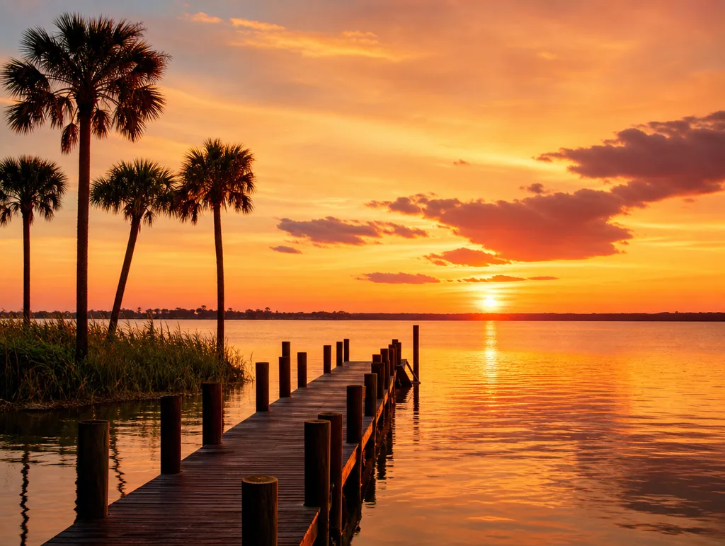 Sunset over Lake Tohopekaliga in Kissimmee with palm trees and a wooden pier
