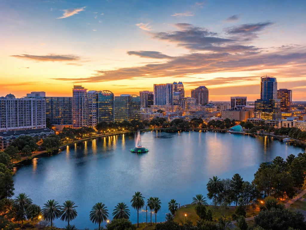 Downtown Orlando skyline at golden hour overlooking Lake Eola Park and its centennial fountain
