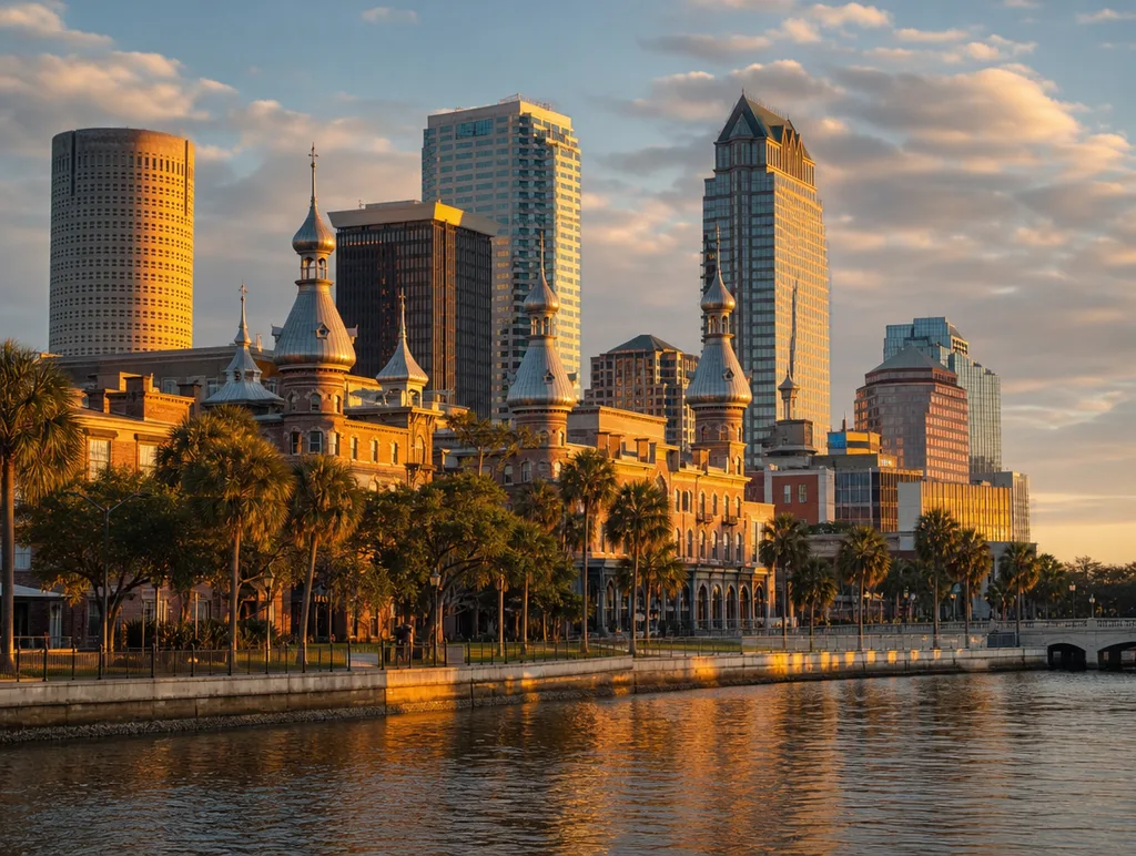 Downtown Tampa skyline at golden hour with the University of Tampa minarets along the Hillsborough River