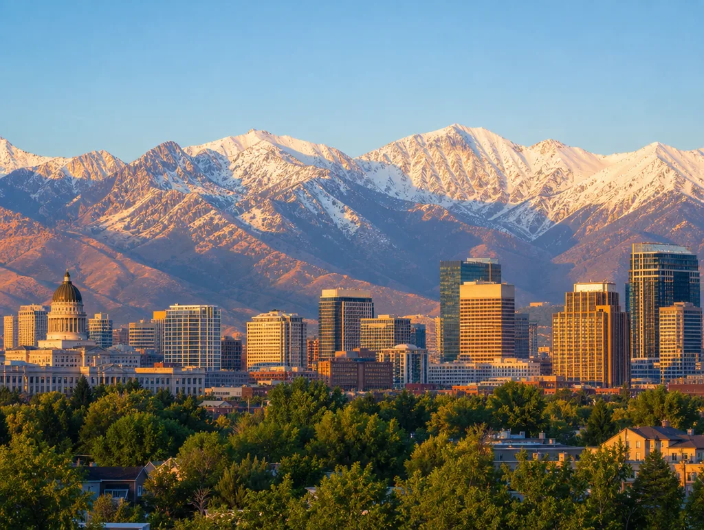Downtown Salt Lake City skyline at golden hour with snow-capped Wasatch Mountains behind